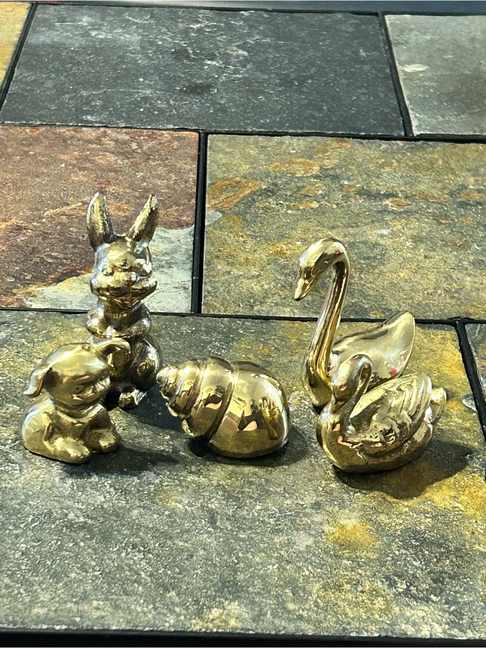 Vintage Solid Brass Figures (6) Swans, Rabbit, Puppy , Shell